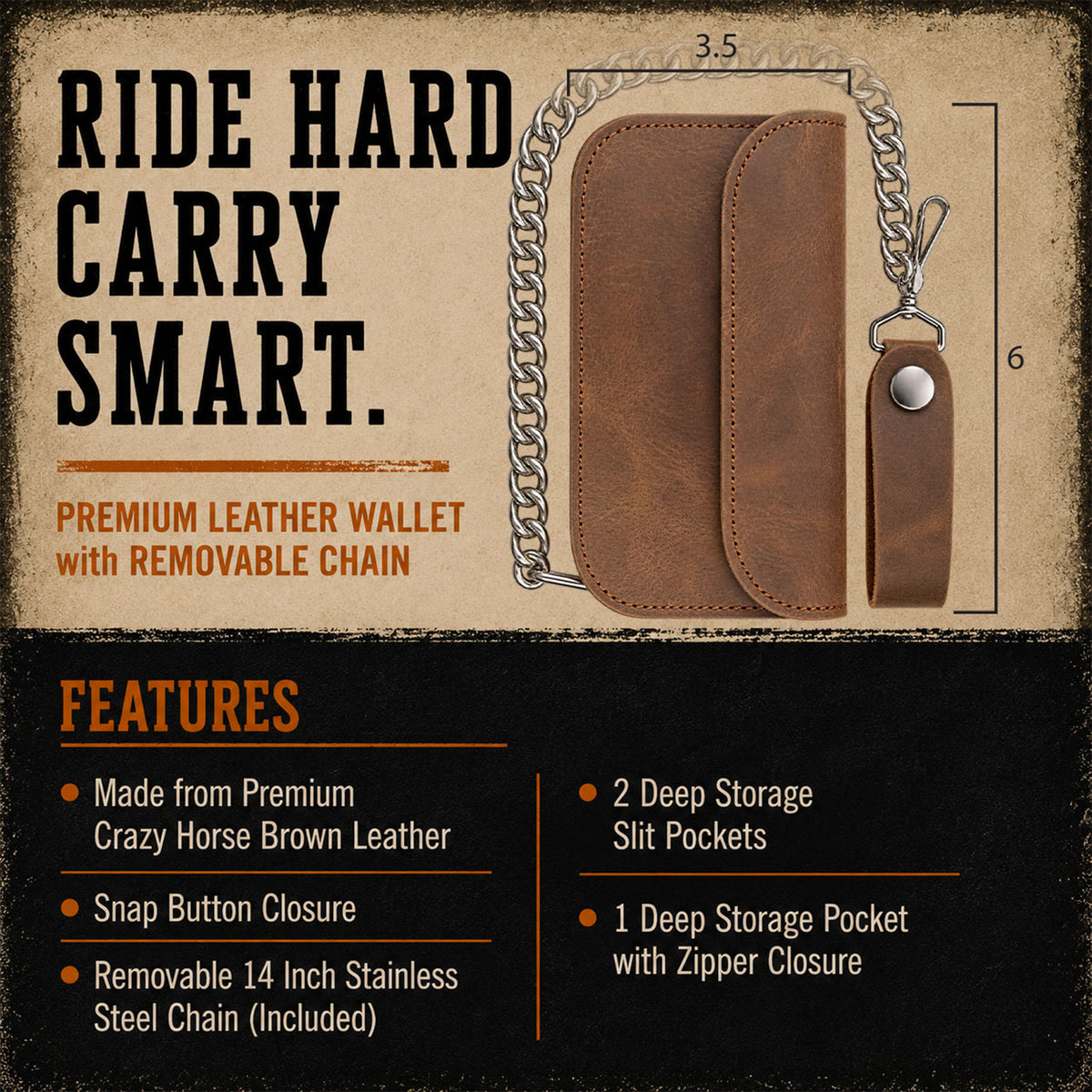 Hot Leathers WLF1003 Bifold  3 pocket Crazy Horse  Brown Wallet