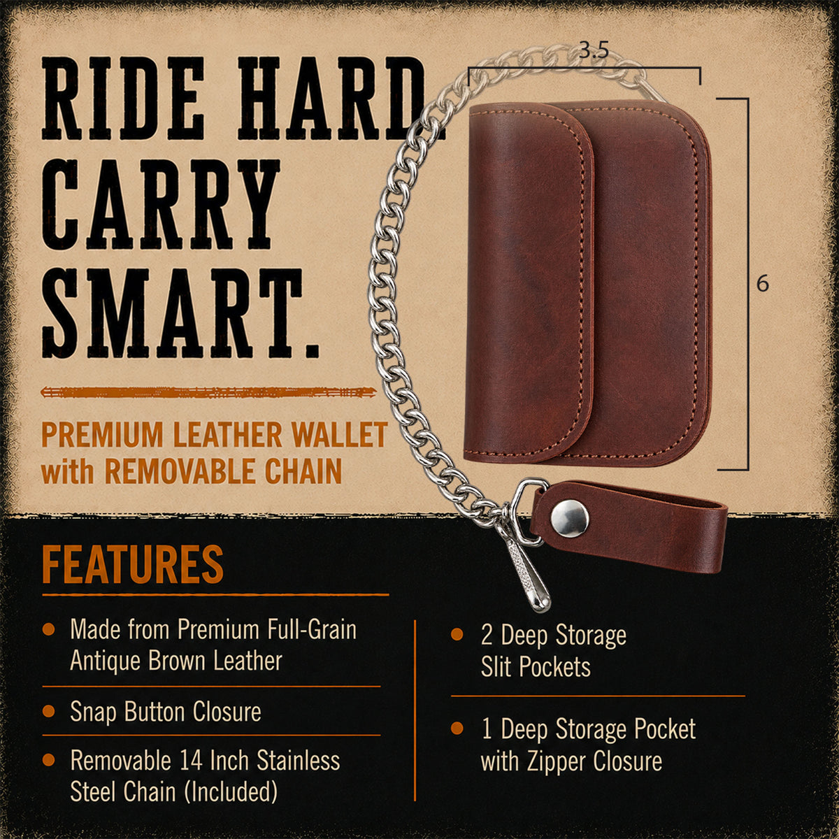 Hot Leathers WLF1004 Bifold  3 pocket Crazy Horse  Brown Wallet