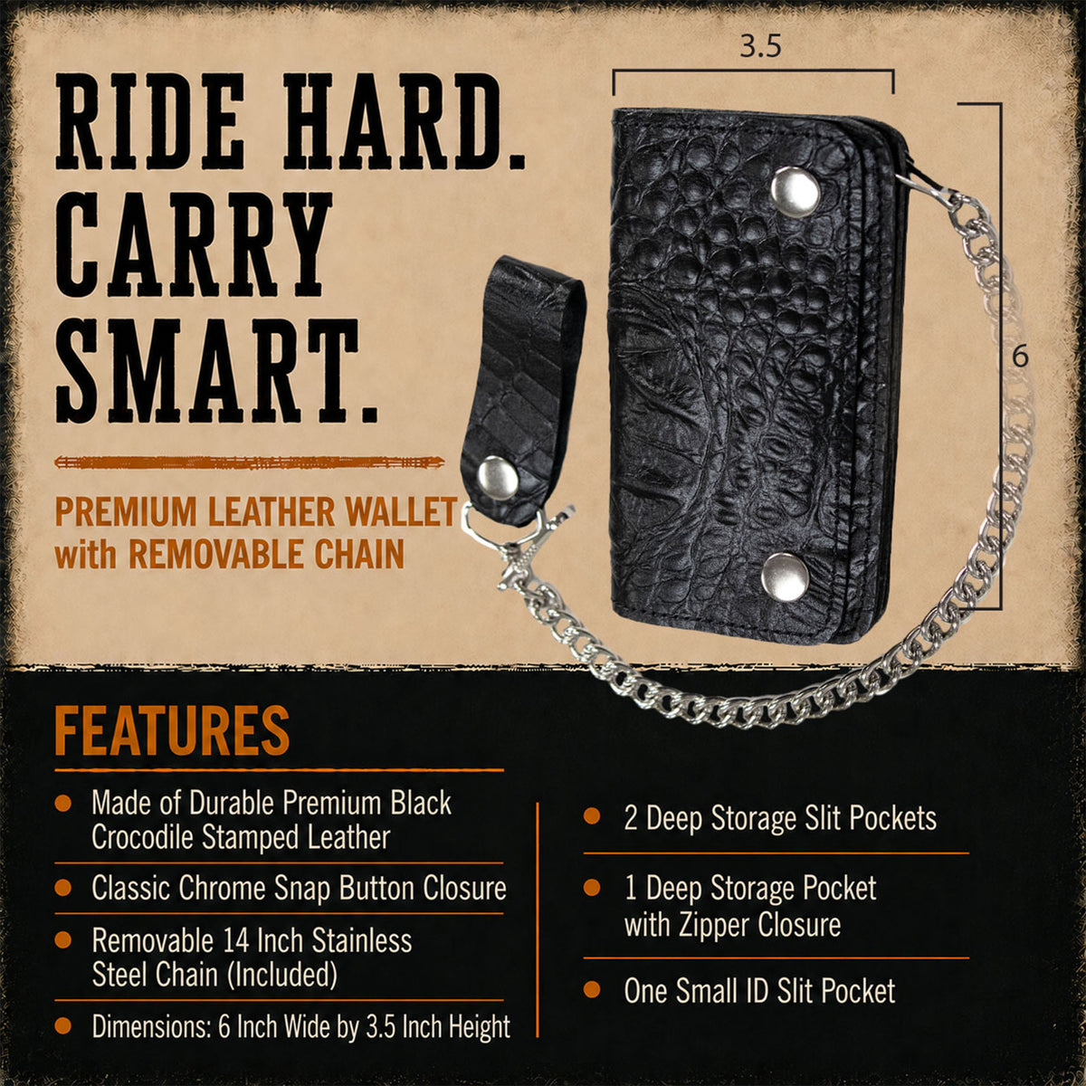 Hot Leathers WLF1007 Bifold Crocodle Black Wallet