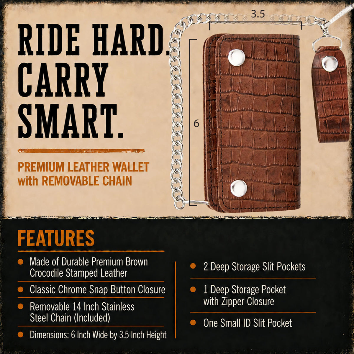 Hot Leathers WLF1008 Bifold Crocodle Black & Brown  Wallet