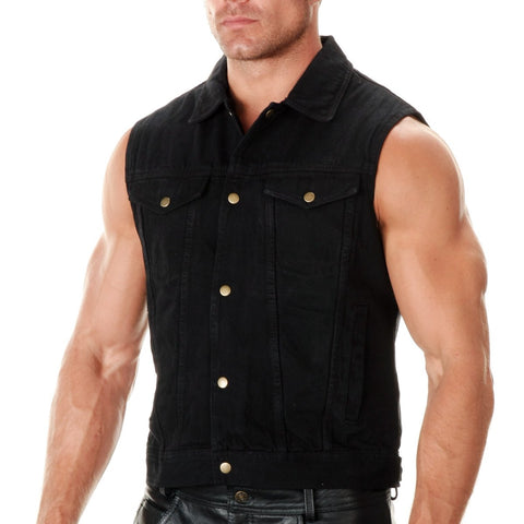 Xelement B285 Men's 'Dirty' Black Denim Motorcycle Rider Vest with Shirt Collar