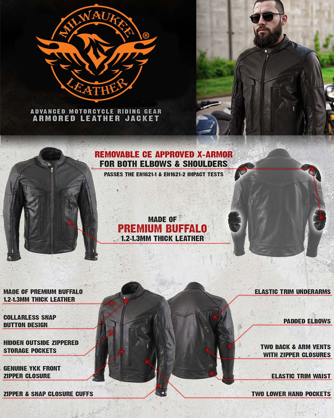 Milwaukee Leather LKM1700 Men's Premium Black Buffalo Leather Cruiser Motorcycle Jacket with CE Armort Protection