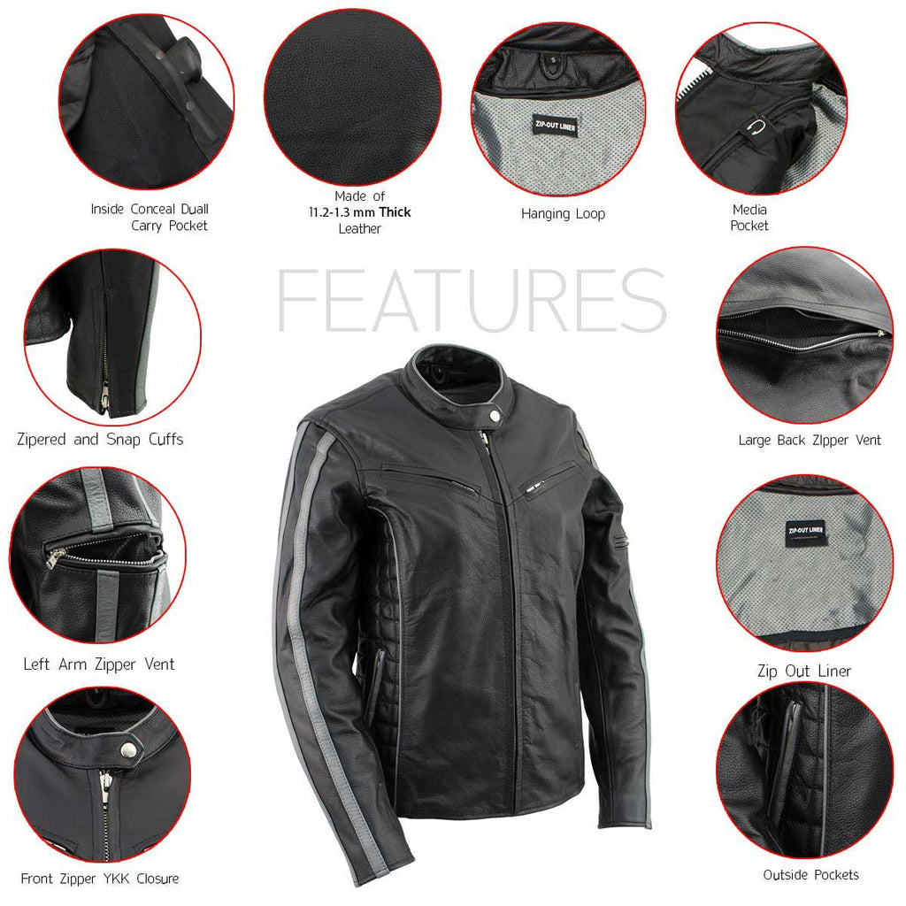 Milwaukee Leather LKL27000 Women’s  Black with Silver Multi Vented Leather Motorcycle Jacket