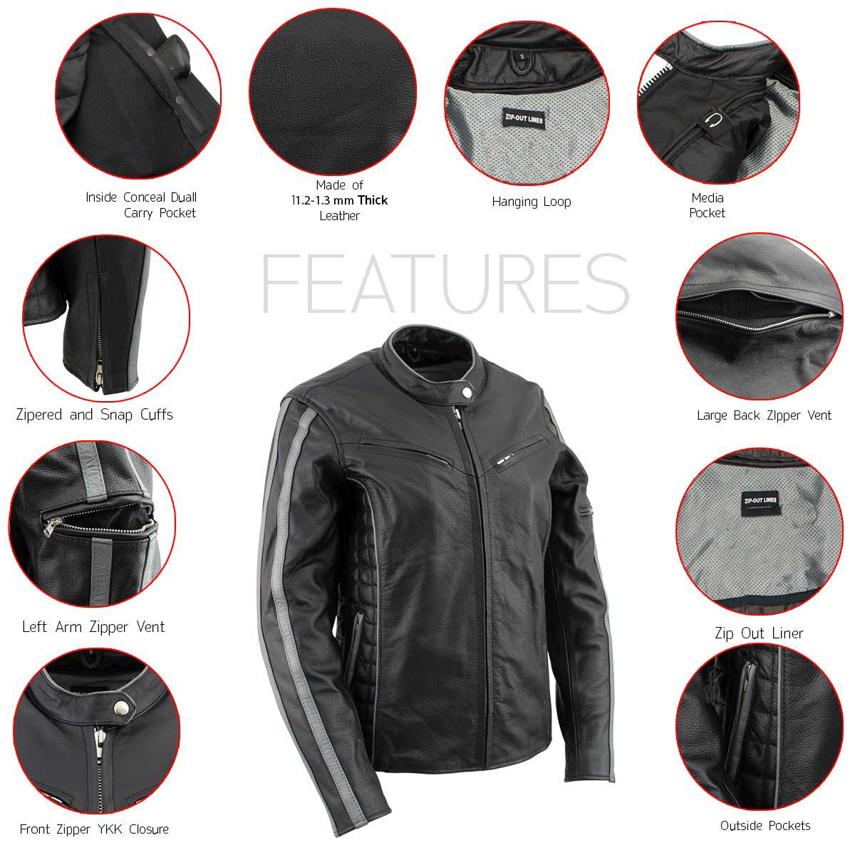 Milwaukee Leather LKL27000 Women’s  Black with Silver Multi Vented Leather Motorcycle Jacket