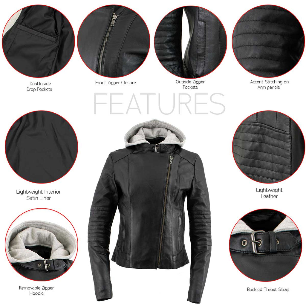 Milwaukee Leather LKL2737 Women's Black Premium Leather Motorcycle Biker Racer Style Scuba Jacket w/ Hoodie