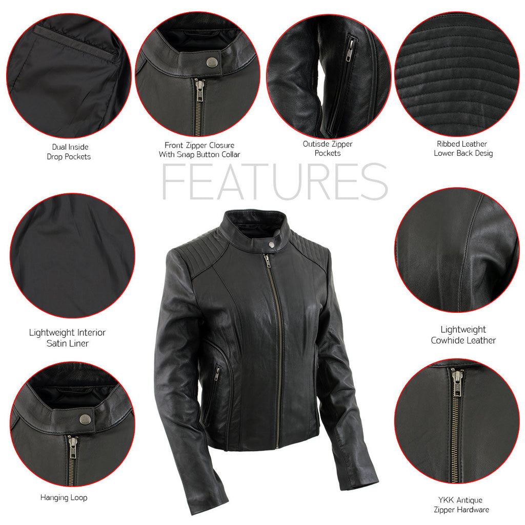 Milwaukee Leather LKL2735 Women's Black Premium Leather Scuba Style Biker Jacket w/ Mandarin Collar