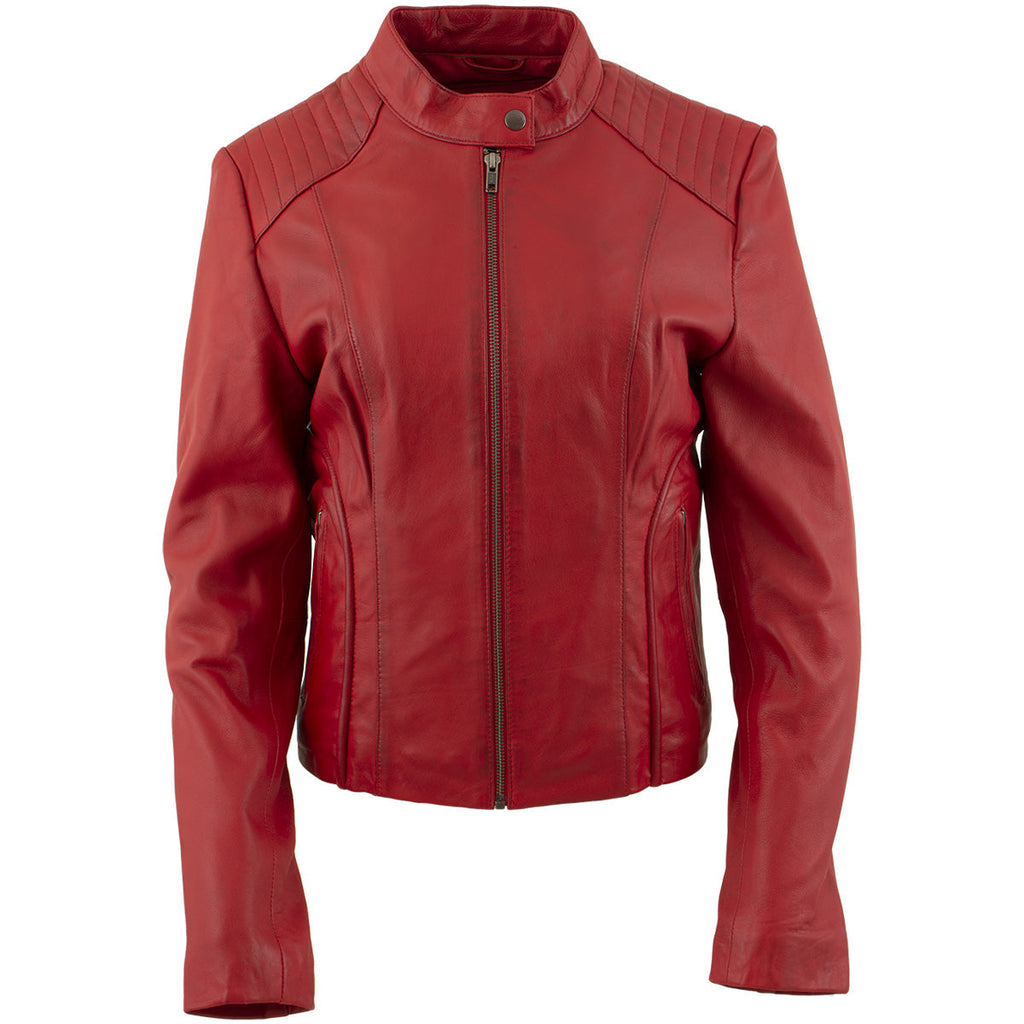 Milwaukee Leather LKL2738 Women's Red Premium Leather Scuba Style Biker Jacket w/ Mandarin Collar
