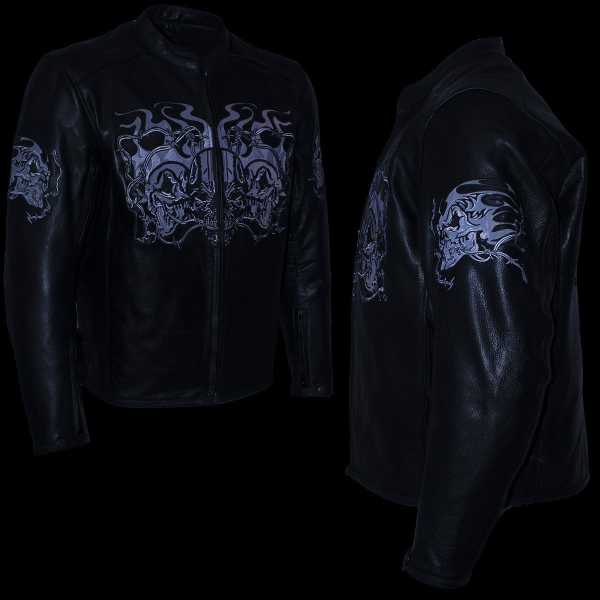 Milwaukee Leather LKM17008 Men's Premium Black Reflective Skulls Cruiser Style Motorcycle Jacket w/ CE Armor