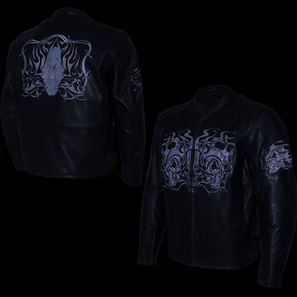 Milwaukee Leather LKM17008 Men's Premium Black Reflective Skulls Cruiser Style Motorcycle Jacket w/ CE Armor