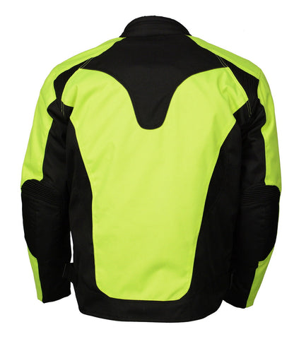 M Boss Motorcycle Apparel BOS11701 Men's High-Vis Green Nylon Motorcycle Racer Riding Jacket with Mesh Panel Black