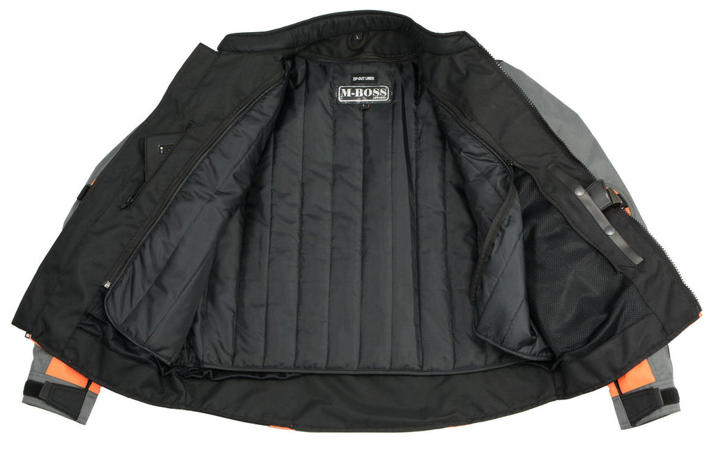 M Boss Motorcycle Apparel BOS11706 Men's Grey/Hi-Vis Orange Nylon Motorcycle Racer Jacket with Armor Protection