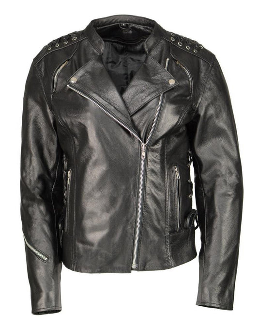 M Boss Motorcycle Apparel BOS22503 Women's Black Armored Motorcycle Leather Jacket with Back Lacing Detail