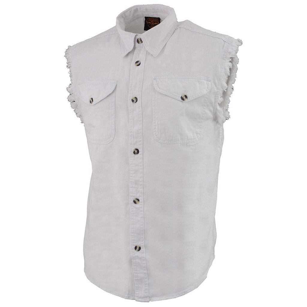 Milwaukee Leather DM4006 Men's White Denim Lightweight Shirt with Sleeveless Frayed Cut Off