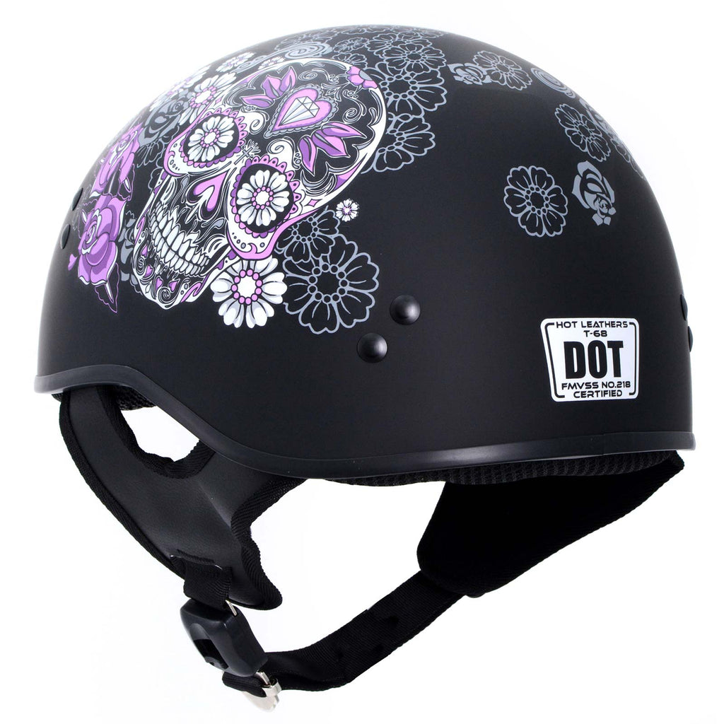 black motorcycle helmet skull cap womans padding Hot Leathers HLD1031 'Sugar Skull' Flat Black Motorcycle DOT Approved