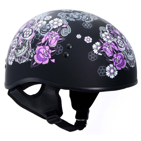 Hot Leathers HLD1031 'Sugar Skull' Flat Black Motorcycle DOT Approved Skull Cap Half Biker Helmet