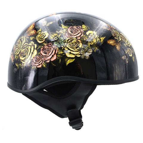 Hot Leathers HLD1034 'Butterfly Lock' Gloss Black Motorcycle DOT Approved Skull Cap Half Biker Helmet