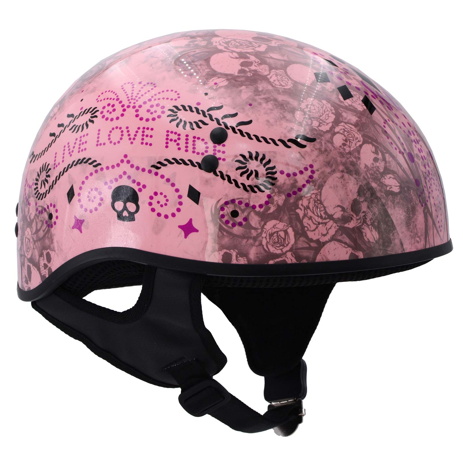 Hot Leathers HLD1048 'Live, Love Ride' Gloss Pink Motorcycle DOT Approved Skull Cap Half Biker Helmet