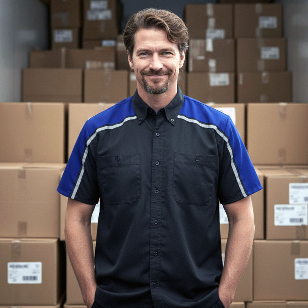 Milwaukee Motorcycle Clothing Co. Men’s Blk/Blu Mechanic Work Shirt – w / Reflective Strip, Rider‑Built MDM11602