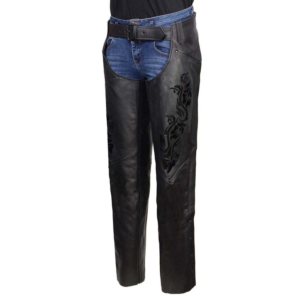 Milwaukee Leather Women's Leather Motorcycle Chaps w/ Embroidery Detail, Adjustable Fit Riding Gear - LKL16701