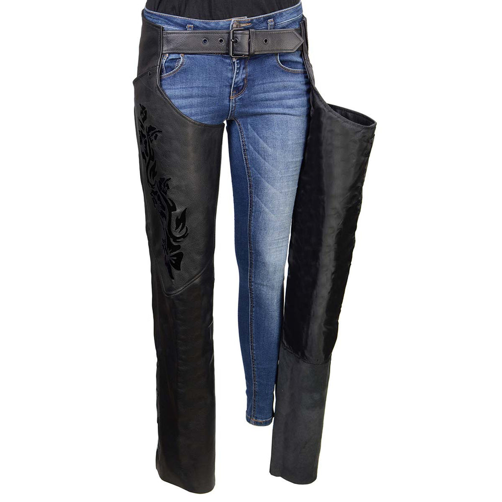 Milwaukee Leather Women's Leather Motorcycle Chaps w/ Embroidery Detail, Adjustable Fit Riding Gear - LKL16701