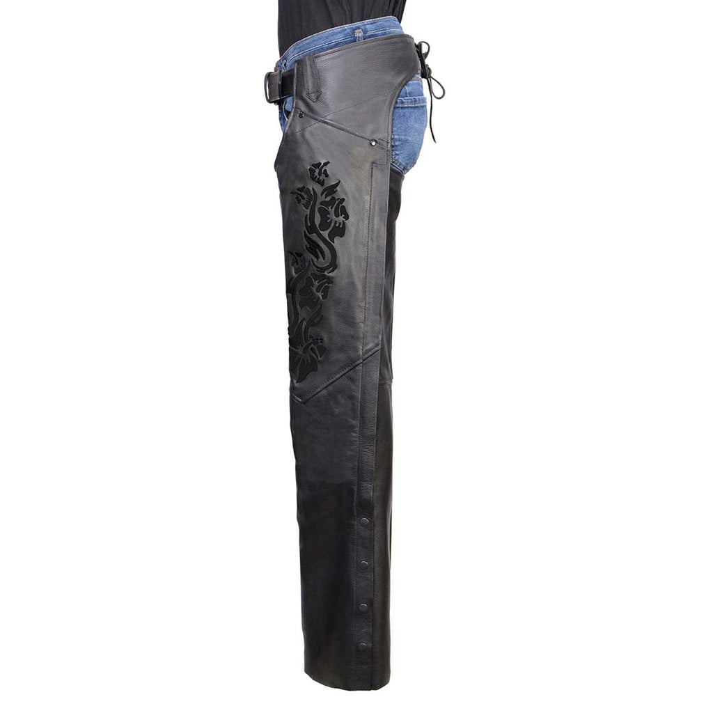 Milwaukee Leather Women's Leather Motorcycle Chaps w/ Embroidery Detail, Adjustable Fit Riding Gear - LKL16701