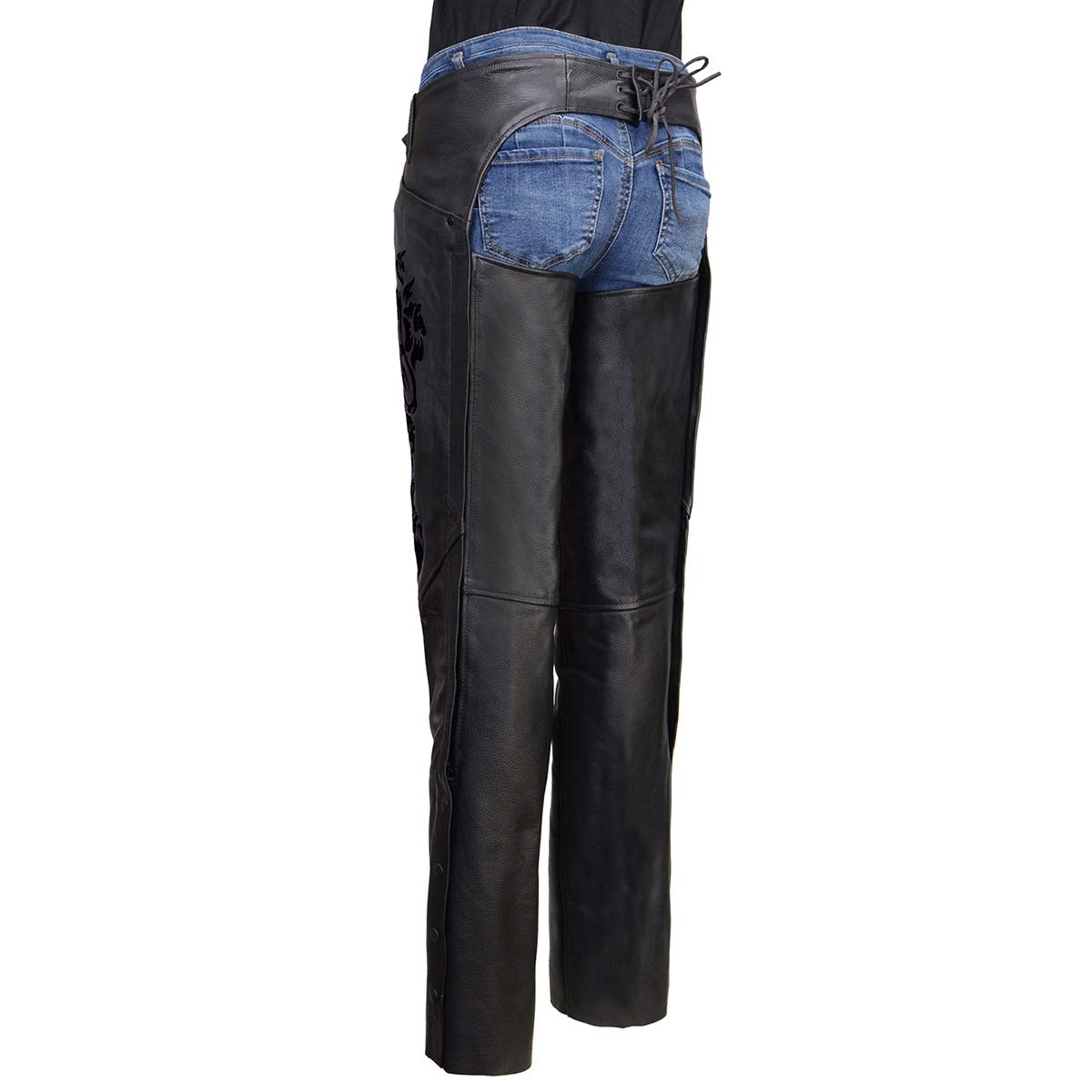 Milwaukee Leather Women's Leather Motorcycle Chaps w/ Embroidery Detail, Adjustable Fit Riding Gear - LKL16701