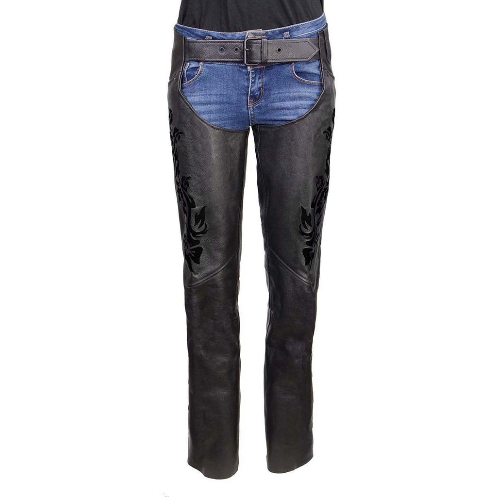 Milwaukee Leather Women's Leather Motorcycle Chaps w/ Embroidery Detail, Adjustable Fit Riding Gear - LKL16701