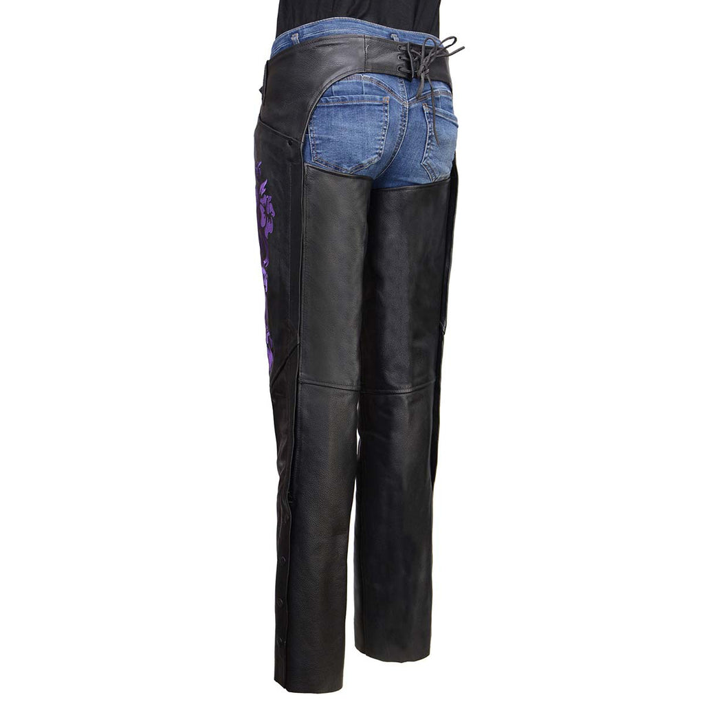 Milwaukee Leather Women's Leather Motorcycle Chaps w/ Embroidery Detail, Adjustable Fit Riding Gear - LKL16702