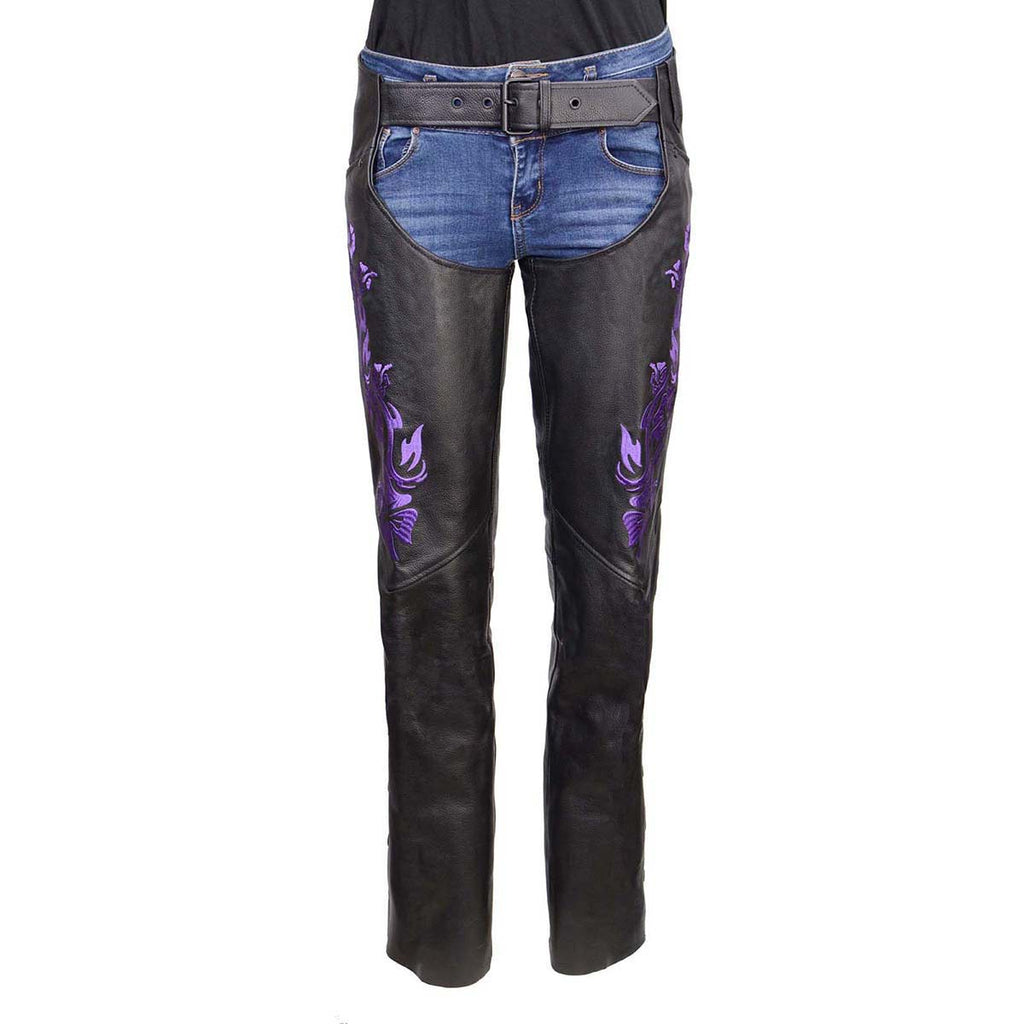 Milwaukee Leather Women's Leather Motorcycle Chaps w/ Embroidery Detail, Adjustable Fit Riding Gear - LKL16702