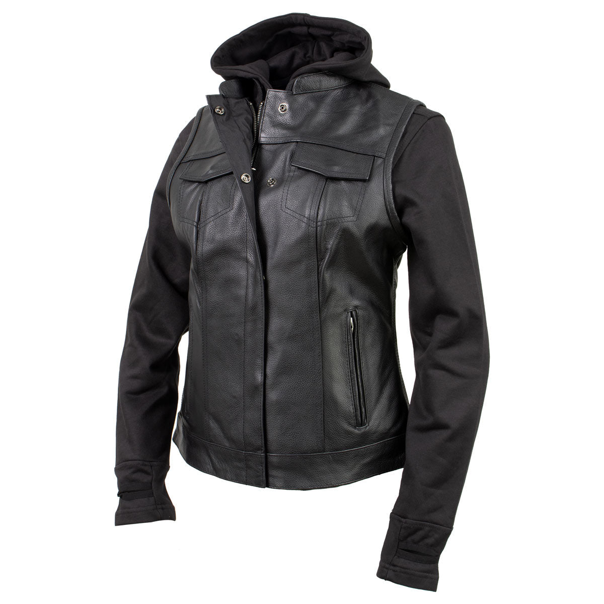 Milwaukee Leather Women's Tara Black Leather Motorcycle Rider 2-in-1 Convertible Hoodie Jacket Vest - LKL4712