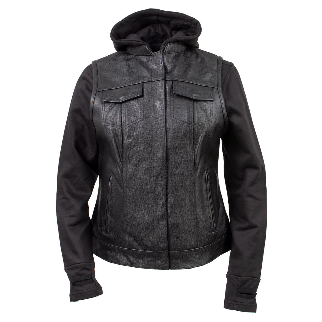 Milwaukee Leather Women's Tara Black Leather Motorcycle Rider 2-in-1 Convertible Hoodie Jacket Vest - LKL4712