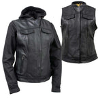 Milwaukee Leather Women's Tara Black Leather Motorcycle Rider 2-in-1 Convertible Hoodie Jacket Vest - LKL4712
