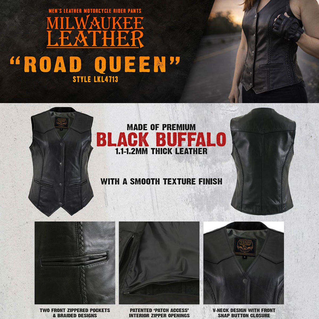 Milwaukee Leather Women's Road Queen Black Braided Buffalo Leather Motorcycle Vest - LKL4713