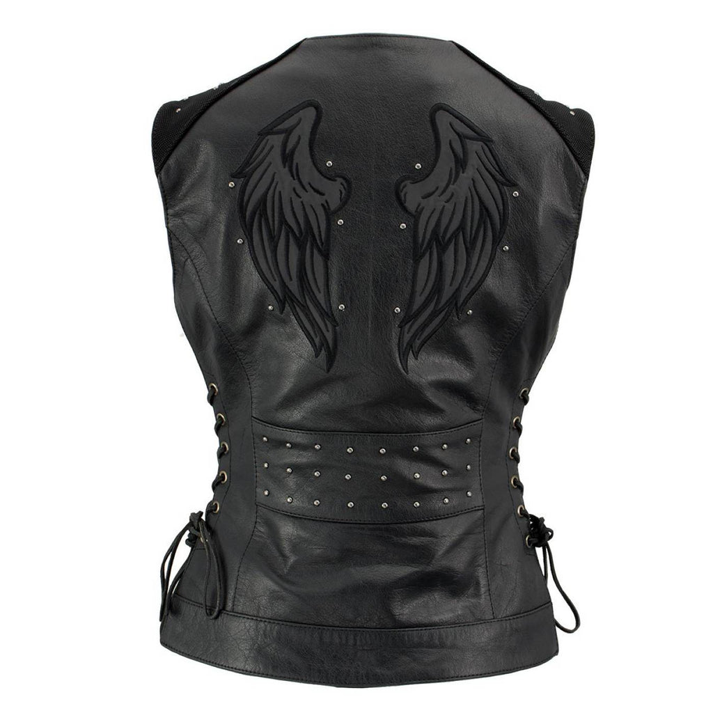 Milwaukee Leather Women's Winged Black Studded Leather Motorcycle Vest with Reflective Wings - LKL4715