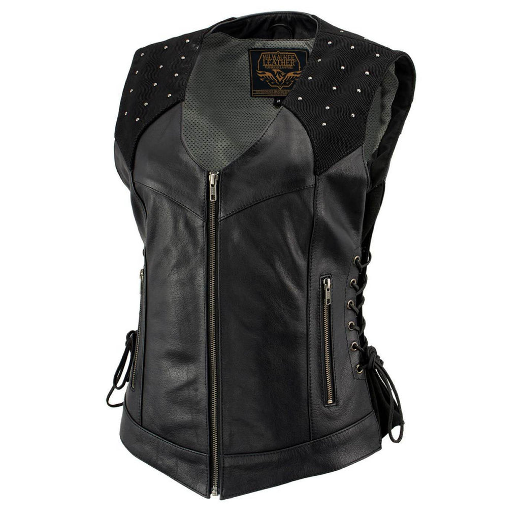 Milwaukee Leather Women's Winged Black Studded Leather Motorcycle Vest with Reflective Wings - LKL4715