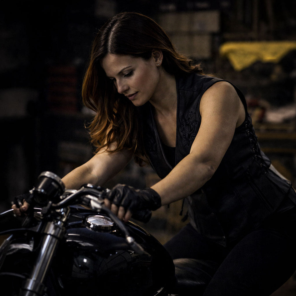 Milwaukee Leather Women's Gemma Black Leather Motorcycle Vest with Side Laces - LKL4716
