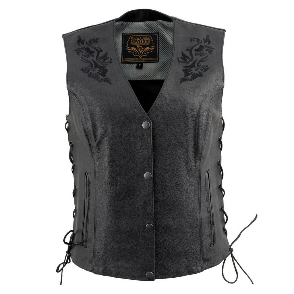 Milwaukee Leather Women's Gemma Black Leather Motorcycle Vest with Side Laces - LKL4716