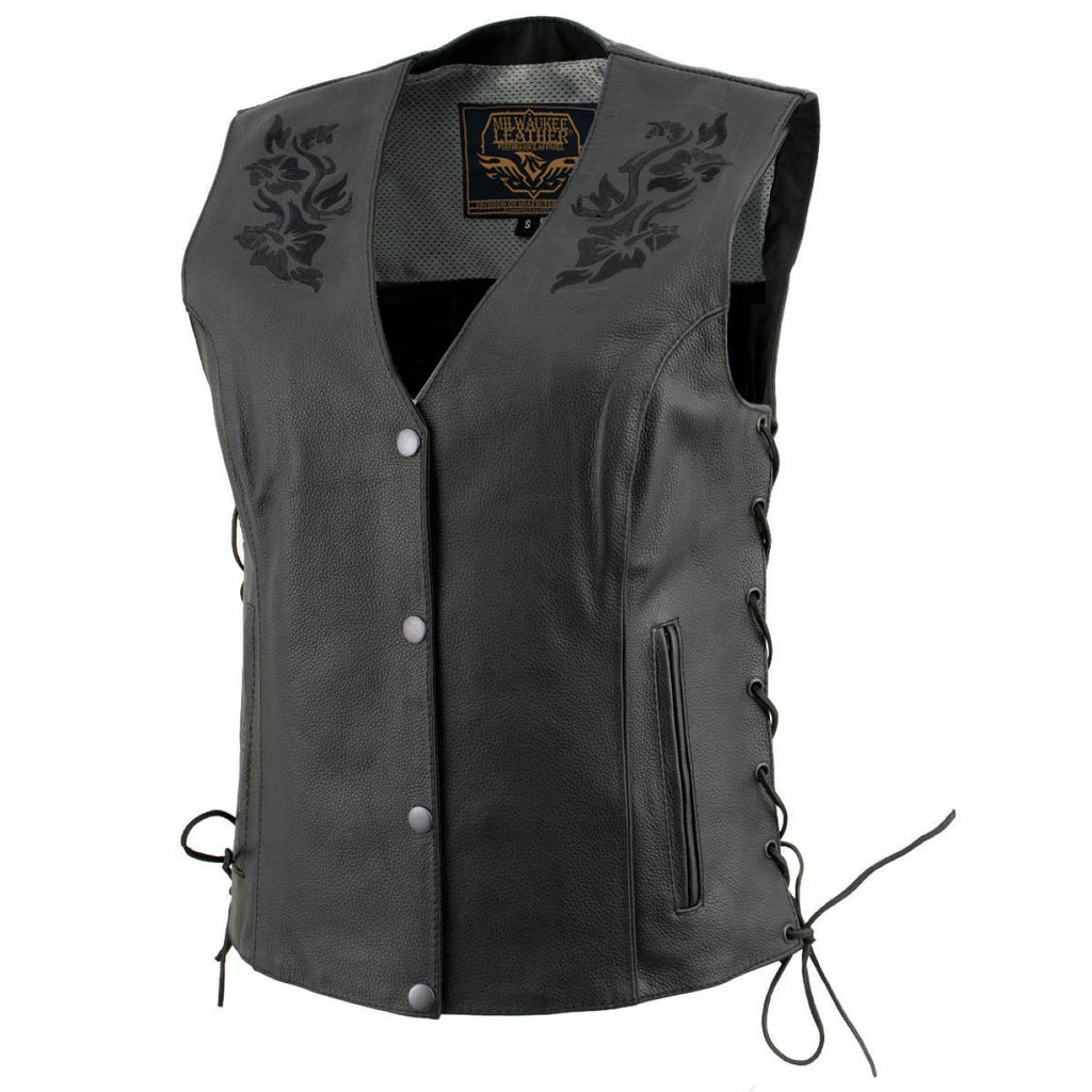 Milwaukee Leather Women's Gemma Black Leather Motorcycle Vest with Side Laces - LKL4716