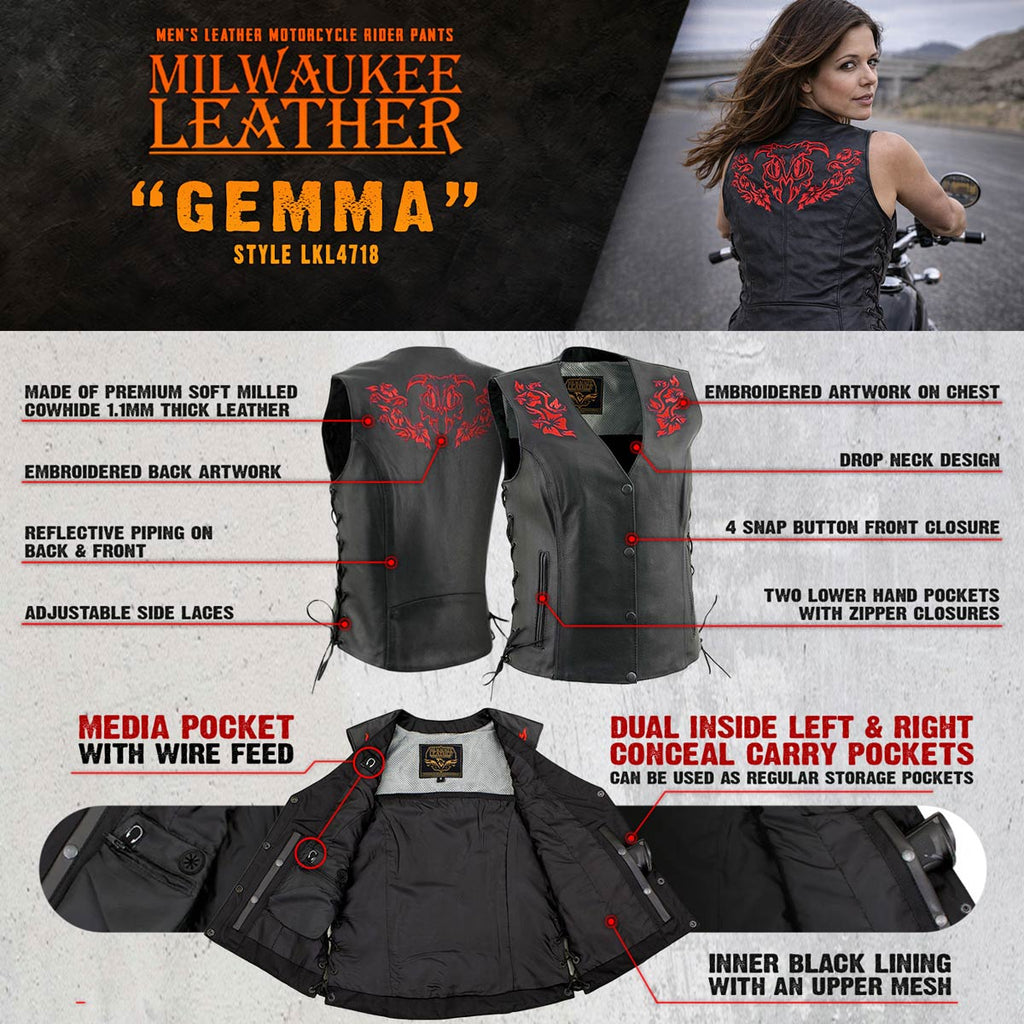 Milwaukee Leather Women's Gemma Black Leather Motorcycle Vest with Side Laces