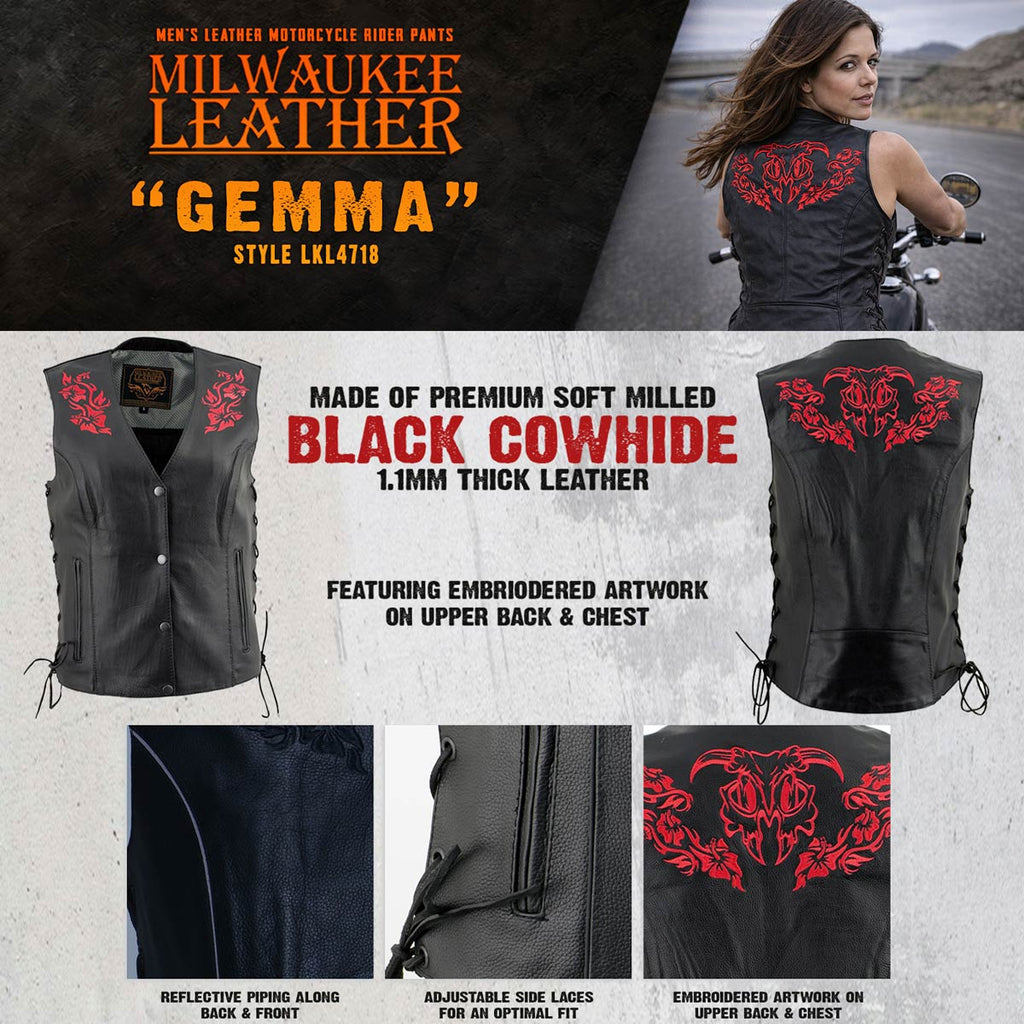 Milwaukee Leather Women's Gemma Black Leather Motorcycle Vest with Side Laces