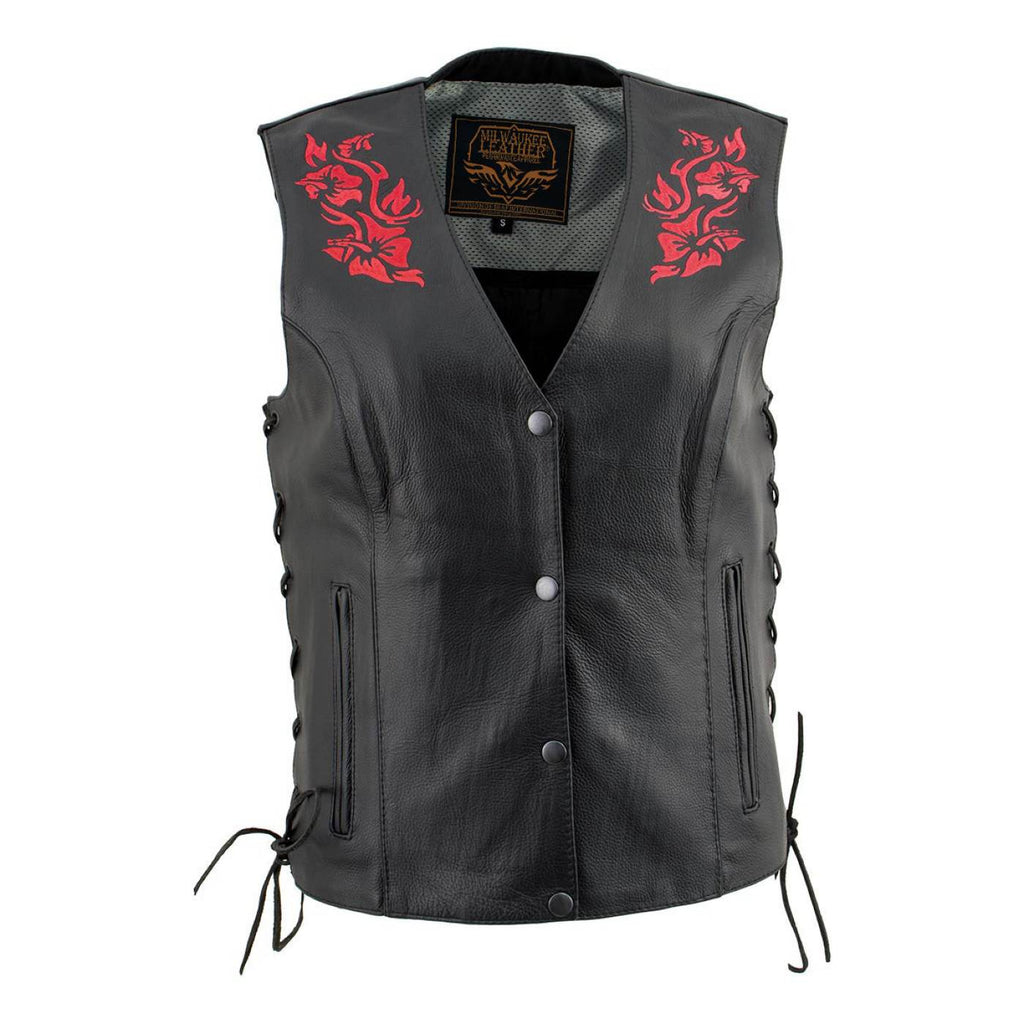 Milwaukee Leather Women's Gemma Black/Red Leather Motorcycle Vest with Side Laces - LKL4718