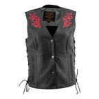 Milwaukee Leather Women's Gemma Black/Red Leather Motorcycle Vest with Side Laces - LKL4718