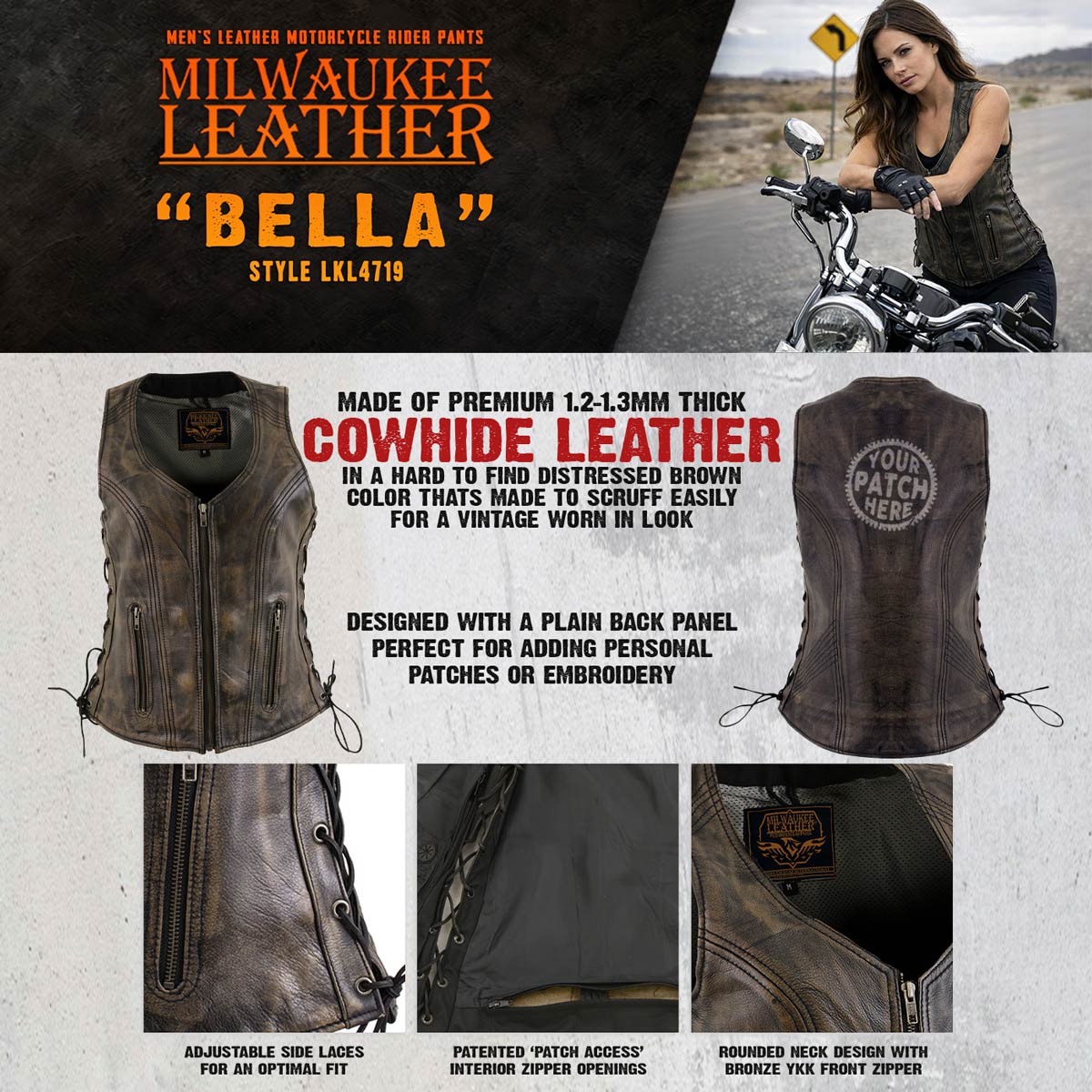 Milwaukee Leather Women's Bella Distressed Brown Leather Motorcycle Vest with Side Laces - LKL4719