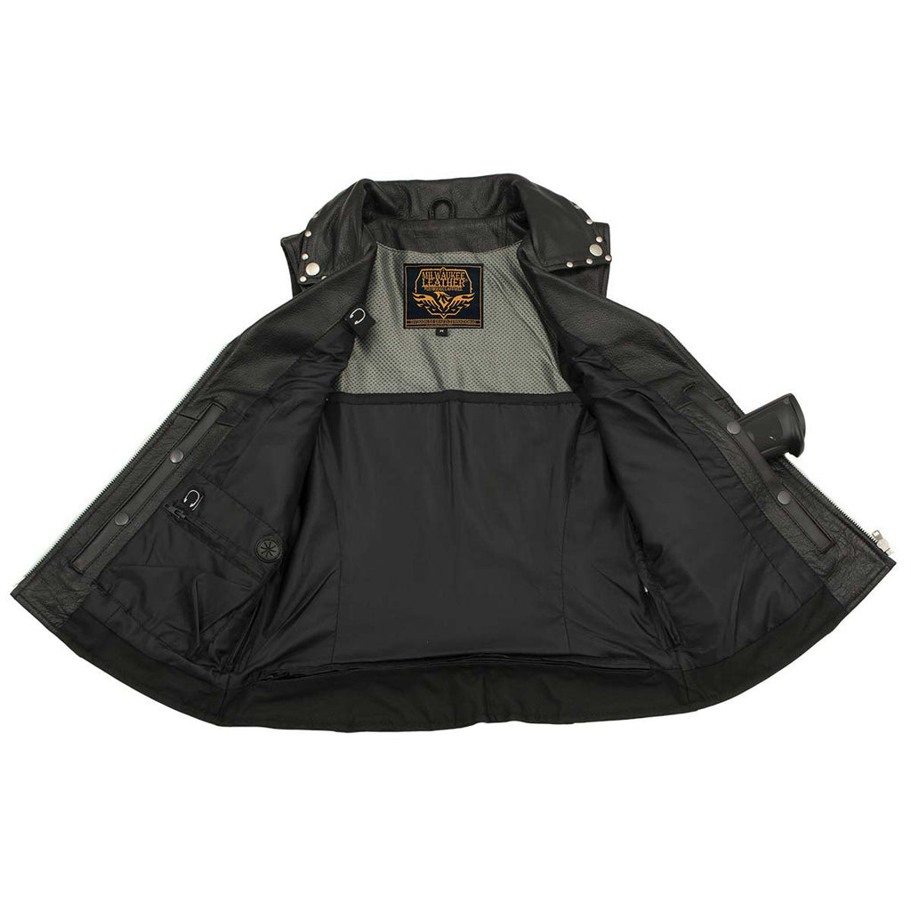Milwaukee Leather Women's Dita Black Motorcycle Leather Vest w/ Riveted Lapel Collar - LKL4720