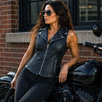 Milwaukee Leather Women's Dita Black Motorcycle Leather Vest w/ Riveted Lapel Collar - LKL4720