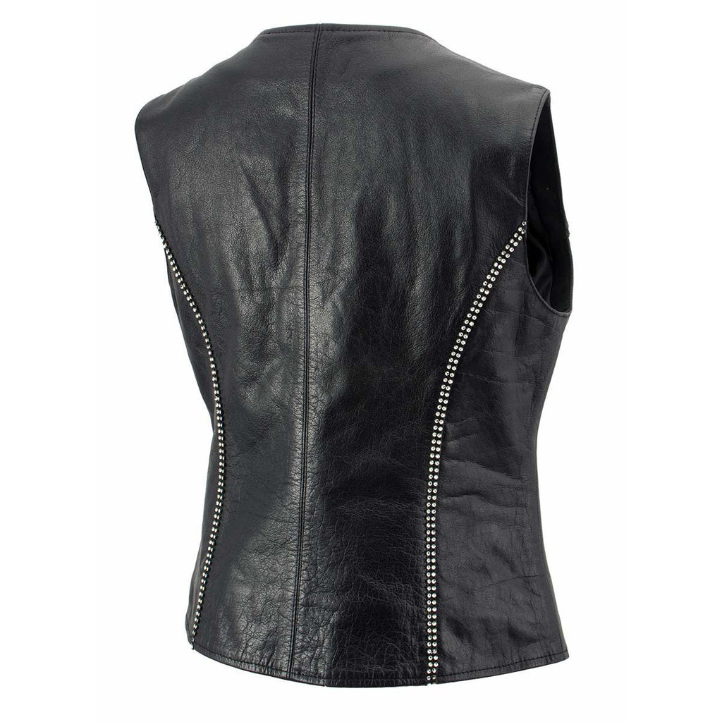 Milwaukee Leather Women's 'Bling' Black Leather V-Neck Motorcycle Rider Vest with Rhinestone Detail - LK4721