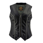 Milwaukee Leather Women's 'Bling' Black Leather V-Neck Motorcycle Rider Vest with Rhinestone Detail - LK4721