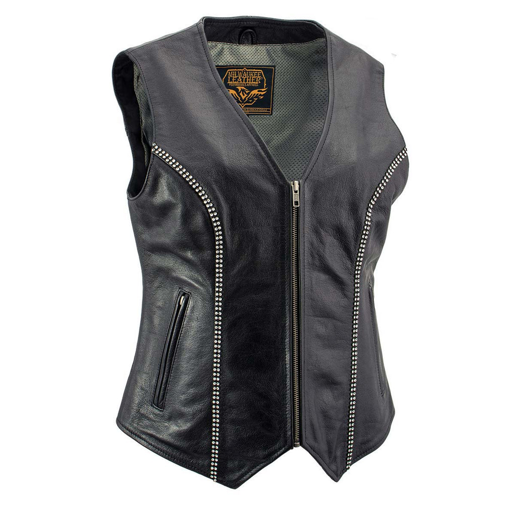 Milwaukee Leather Women's 'Bling' Black Leather V-Neck Motorcycle Rider Vest with Rhinestone Detail - LK4721