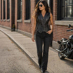 Milwaukee Leather Women's 'Bling' Black Leather V-Neck Motorcycle Rider Vest with Rhinestone Detail - LK4721