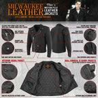 Milwaukee Leather LKM1702 Men's Vintage Flat Black Motorcycle Biker Leather Jacket w/ CE Armor Protection